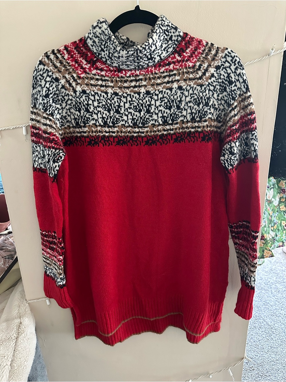 Anthropologie Red Multi-Pattern Cowl Neck Sweater